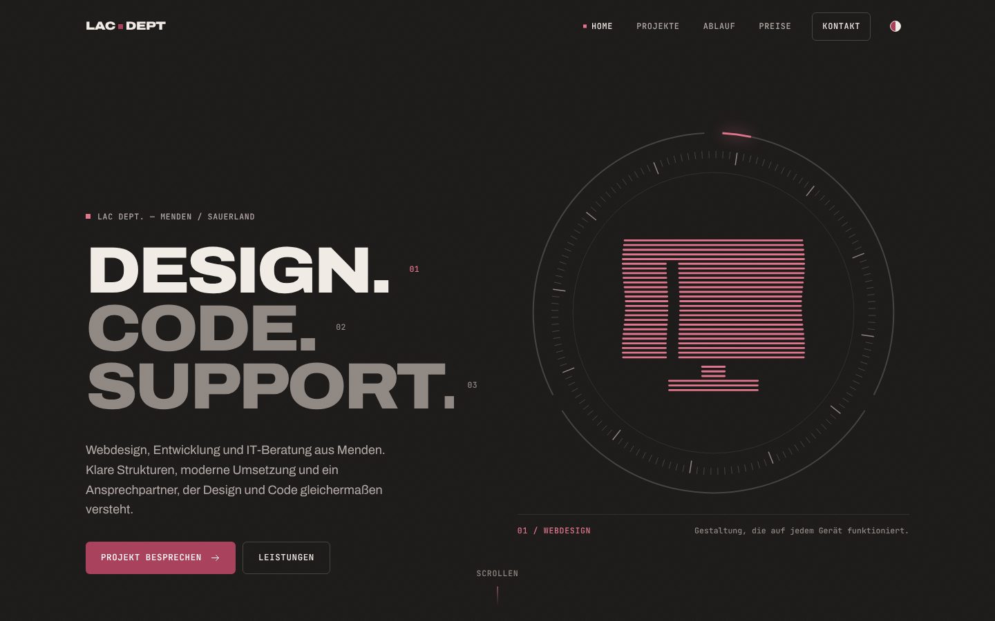 Startseite von LAC Dept. mit dem animierten Instrument und den Worten Design, Code, Support.